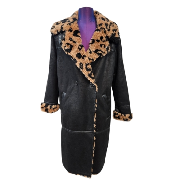 Avec Les Filles Crackle Faux Suede Animal Print Sherpa Midi Coat Size Medium - Picture 2 of 11